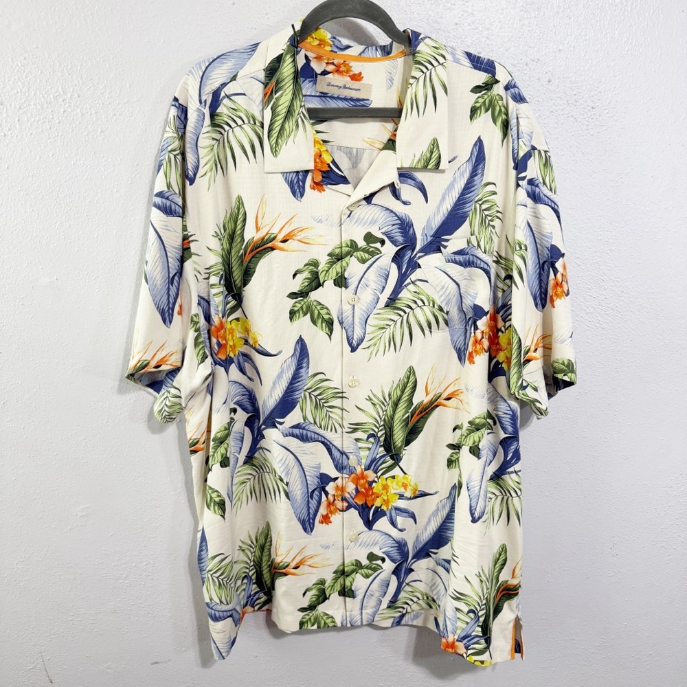 Tommy Bahama silk Cream and Blue Tropical Shirt xxxl